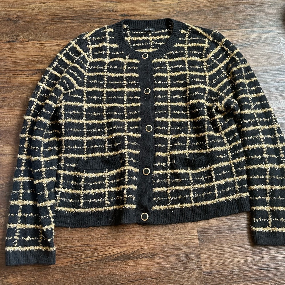 Large Talbots Black and Gold Cardigan Sweater metallic tweed